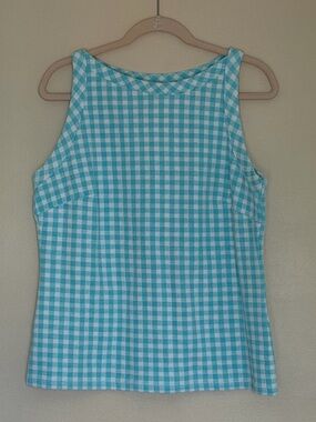 Ann Taylor Aqua and White Gingham Sleeveless Tank